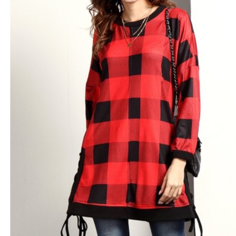 Plus Size Red & Black Plaid Side-Slit Lace up Tunic